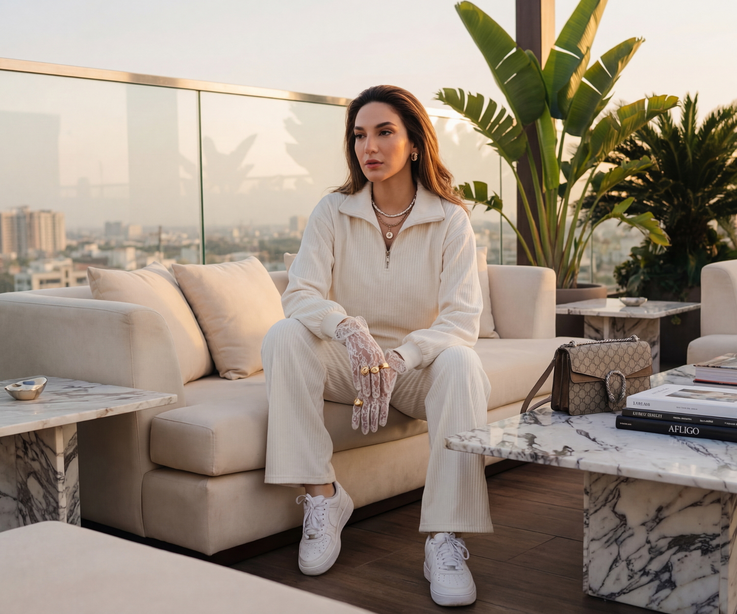 IVORY RIBBED MOCK-NECK SET