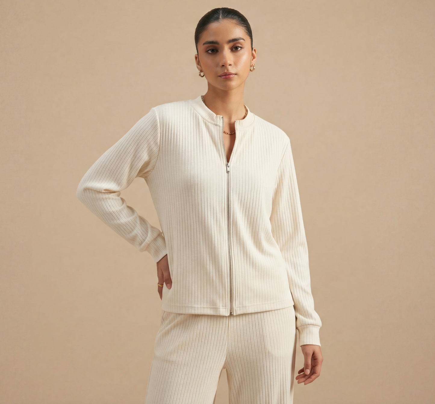 IVORY RIBBED ZIP CO-ORD SET - The Complete 2-Piece Look