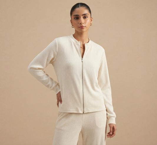 IVORY RIBBED ZIP CO-ORD SET - The Complete 2-Piece Look