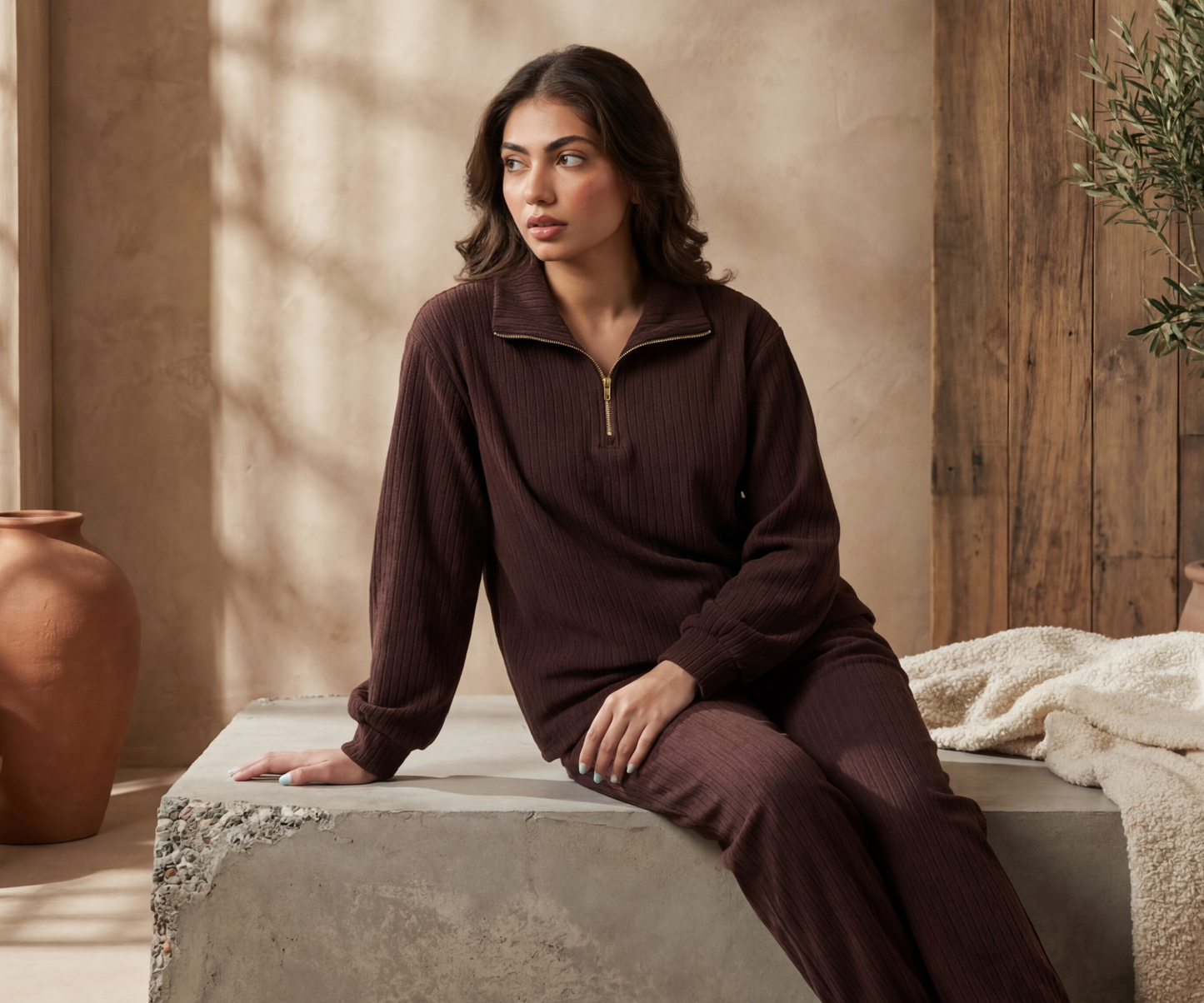 ESPRESSO RIBBED MOCK-NECK SET